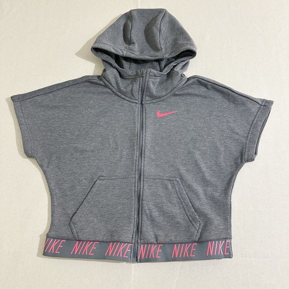 Nike Dry Core Studio Short Sleeve Hoodie Grey Pink Gym Size Large Women Full Zip - Picture 1 of 14